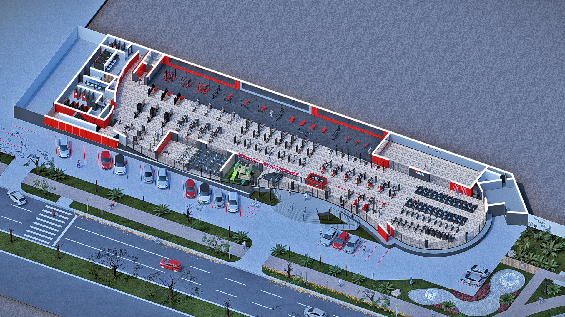 Planta 3D com a distribuição dos equipamentos