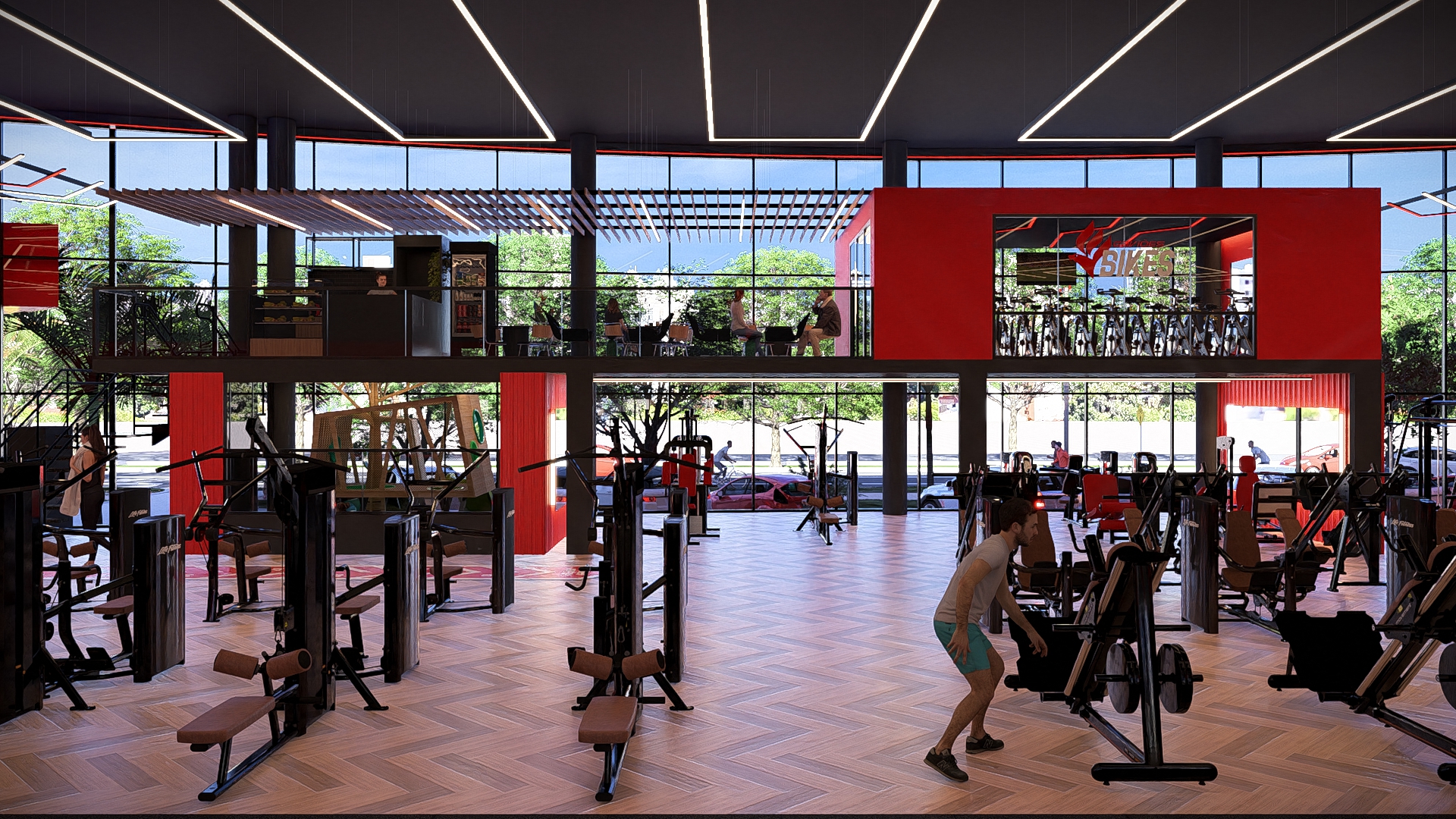 Interior da Academia Gaviões com mezanino e cafeteria